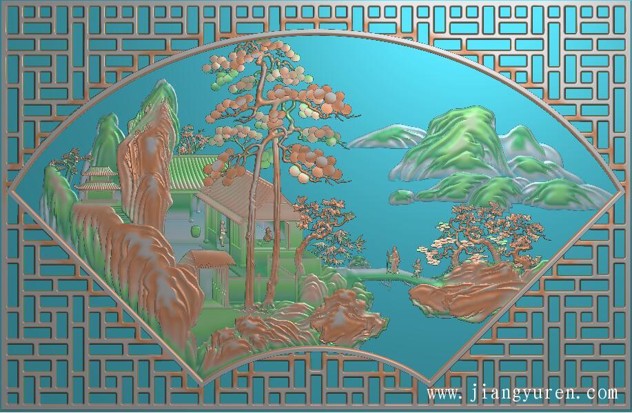 扇形风景镂空浮雕精雕图LK149