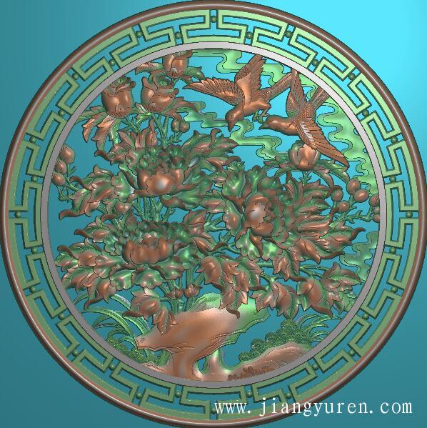 圆形回纹花开富贵浮雕精雕图LK379