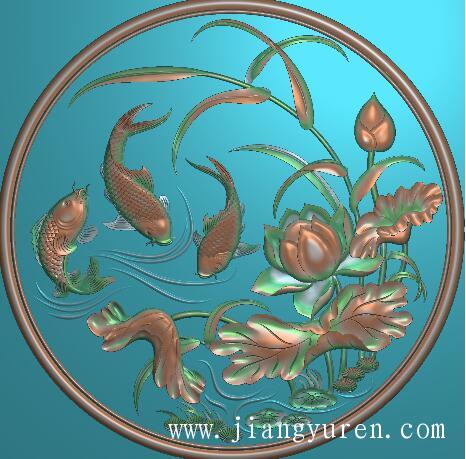 左右对称圆形荷花鱼浮雕雕刻图1289