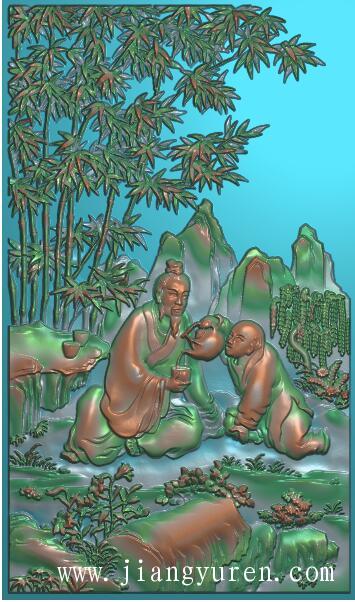 古代人物老人与小孩浮雕素材F016
