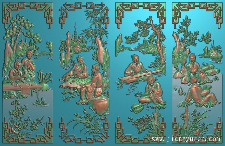 成套人物精雕图琴棋书画浮雕素材F062