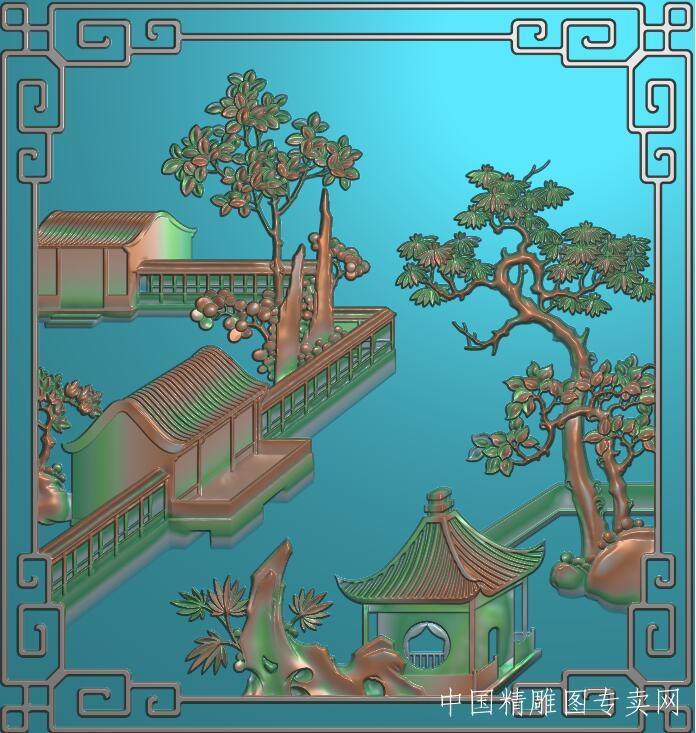 镂空古建庭院浮雕jdp雕刻素材D025