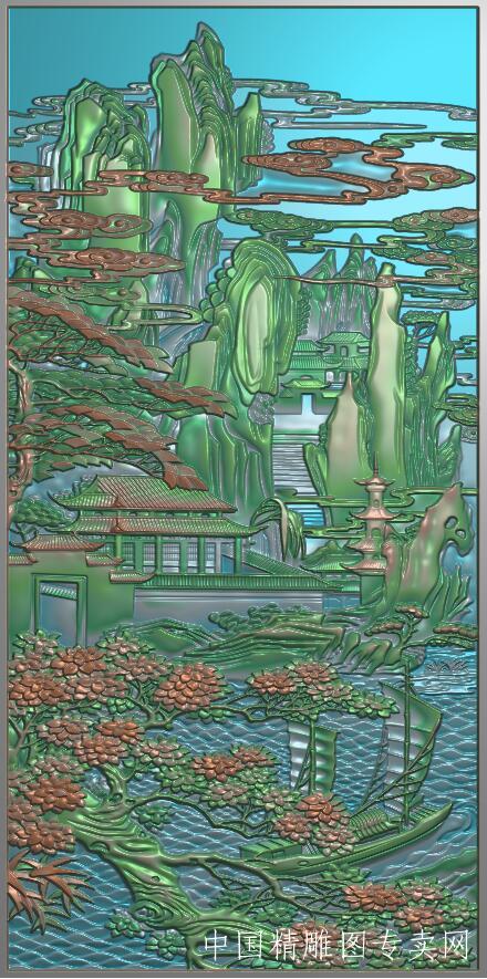 精品山水横版浮雕屏风背景墙浮雕图D052