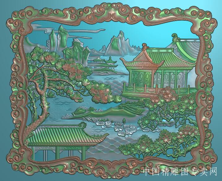 祥云边框jdp山水风景挂屏浮雕图D057