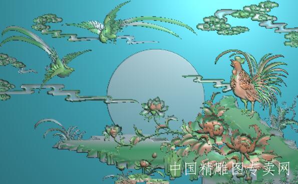 金鸡报晓挂屏横屏浮雕图公鸡打鸣祥云凤凰鸟B179