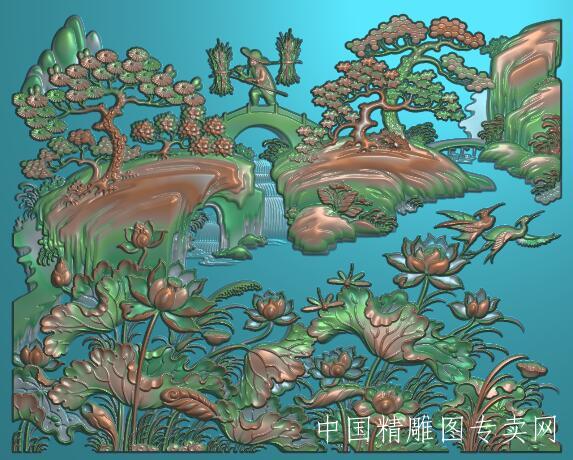 渔樵耕读荷花山水浮雕图jdp大屏雕刻素材A054