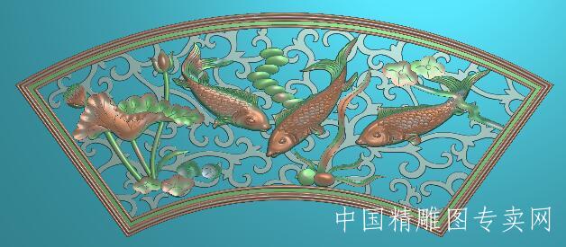 扇形荷花鱼镂空浮雕图jdp石雕素材A106