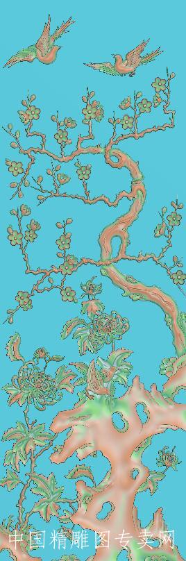 竖版梅菊精雕图JDP花鸟门板沙发背板浮雕图K185