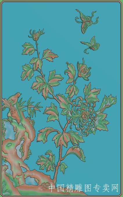 四季花鸟菊花精雕图JDP石雕木雕浮雕图K193