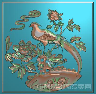 方形牡丹花鸟浮雕精雕图正方形S059
